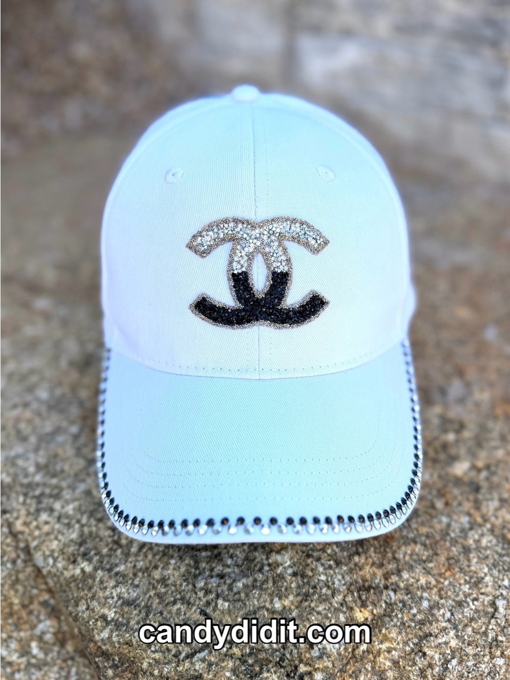 NWT Handmade Designer Look Ball Cap With Silver & Black Ombré Crystal Logo